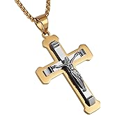 HZMAN Men's Jesus Stainless Steel Pendant Necklace Silver Gold Black Multicolor Cross, 22 + 2 Inch Chain