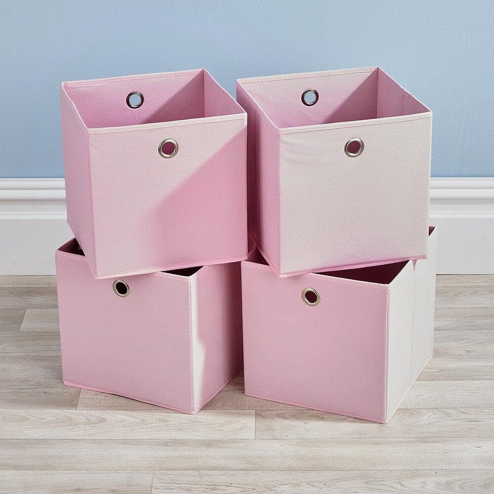 Home Source Cube Storage Boxes, Collapsible Fabric Storage Baskets, Foldable Canvas Organising Boxes, 4 Piece, Pink