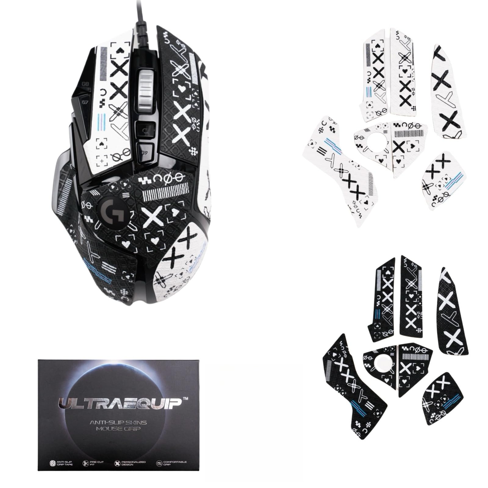 ULTRAEQUIP 2 in 1 Black Set + White Set Mouse Grip Tape Full Coverage for G502 Wired/ G502 Wireless Self-Adhesive, Pre-Cut, Sweat-Resistant, Anti-Slip, Professional Mice Upgrade Kit