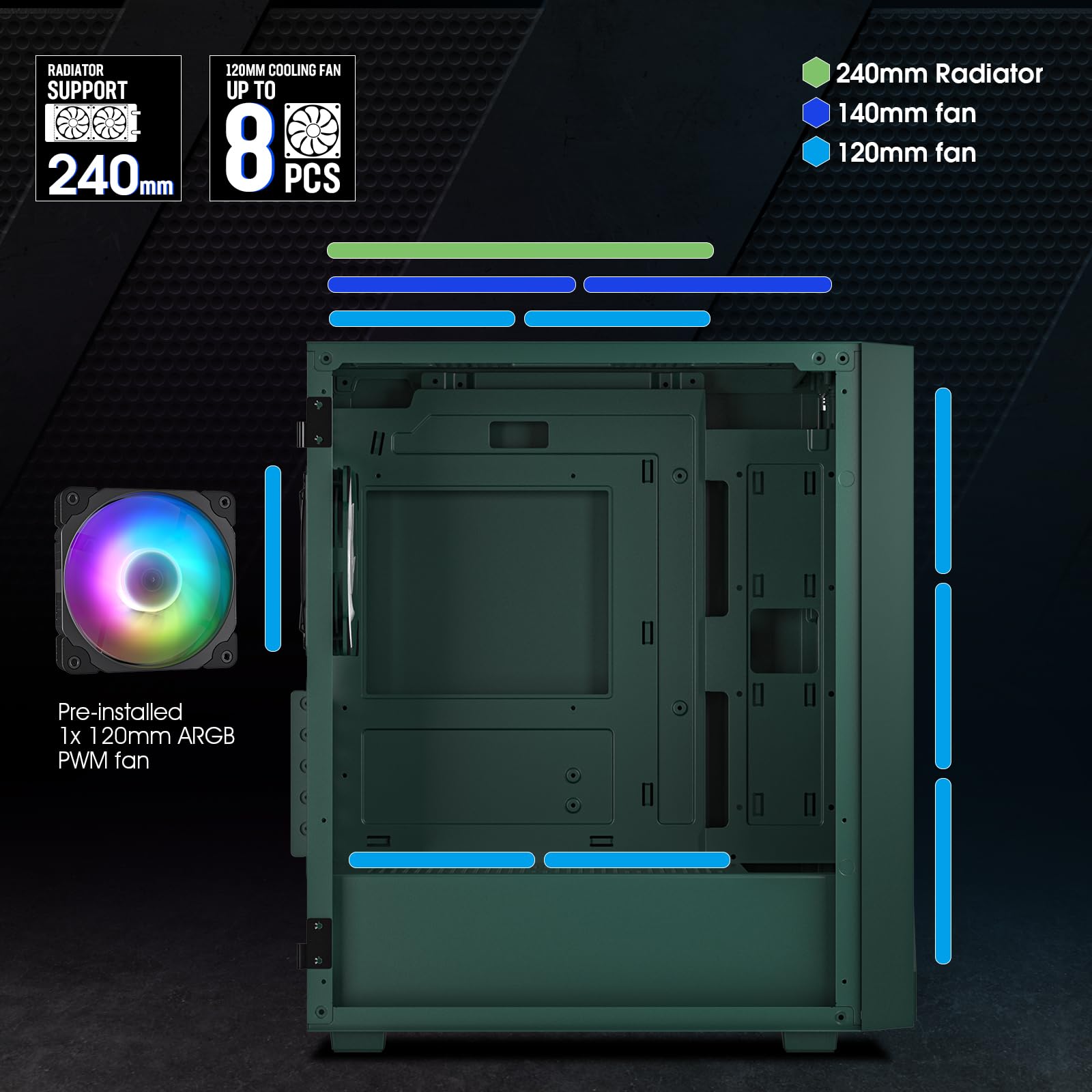 Vetroo M05 Micro ATX Computer PC Case with Door Open Tempered Glass Side Panel & Mesh Front Panel, Pre-Installed 120mm ARGB Fan in Rear, Support 240mm Radiator, Type-C Port - Army Green