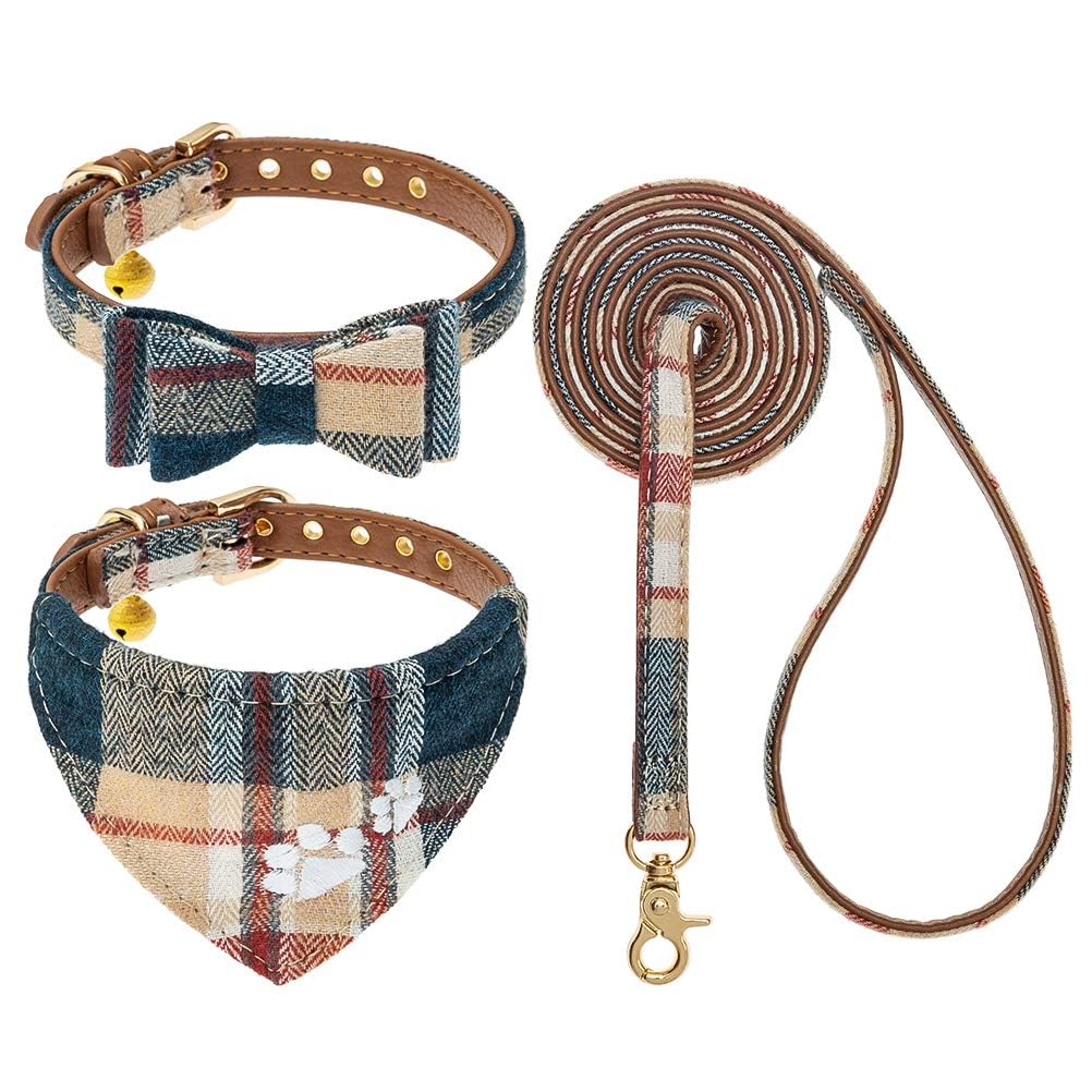 EXPAWLORER Dog Collar and Lead Set - Classic Plaid Bow Tie and Pawprint Bandana With Cute Bell, No Tangle Lead, Adjustable for Puppy Small Dogs Cats, Beige X-Small — image 1