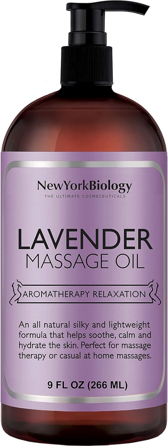 New York Biology Lavender Massage Oil - 100% Natural Ingredients - Sensual Body Oil Made with Essential Oils for Muscle Relaxation and Deep Tissue - 9 oz : Beauty