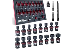 AKM TOOL 3/8" Drive Universal Impact Socket Set, 20 Piece Swivel Socket Set, Universal Joint Socket 6-Point, Metric, 8-22mm, Cr-Mo,with Extension Bars, Socket Adapter, Drill Bit Adapter