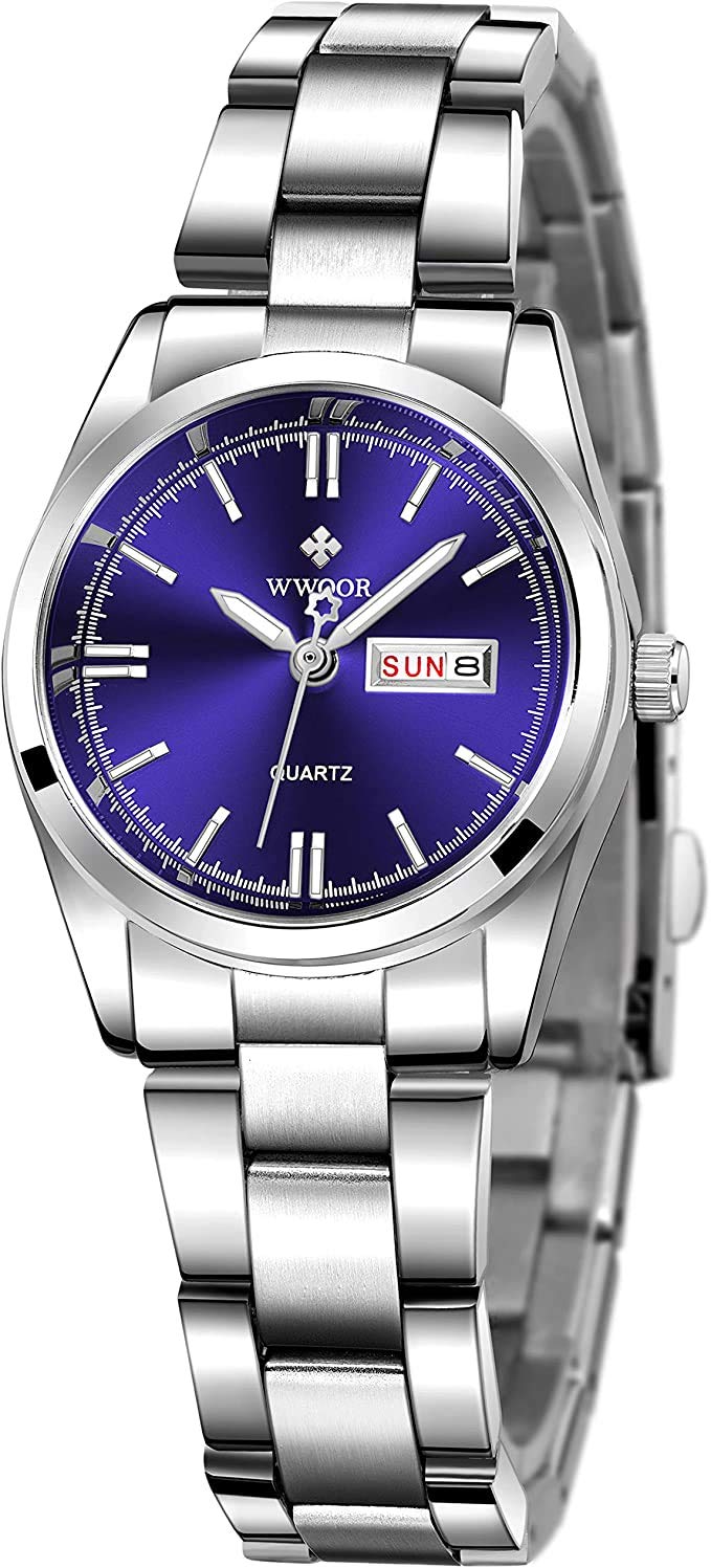 MASTOP Women's Classic Fashion Silver Stainless Steel Watches Waterproof Date Luminous Lady Dress Wrist Watch, 8824 Blue, Classic