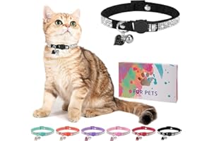 DILLYBUD Rhinestone Cat Collar Breakaway with Bell, Diamond Cat Collar with Safety Buckle Quick Release for Girl Boy Small Kitten Pets Puppy,Cute Soft Female Male Cat Collars, Color Black 7-9"