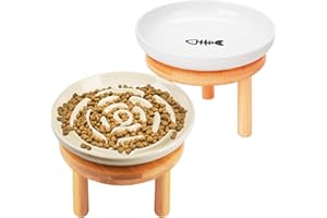 LFPKIXISE Shallow Elevated Cat Bowls with Bamboo Stand, 5.9 Inch Raised Slow Feeder Cat Bowl and Wide Ceramic Cats Bowls Whisker Friendly, 2 Pack Pet Dishes for Dry and Wet Food Dishwasher Safe