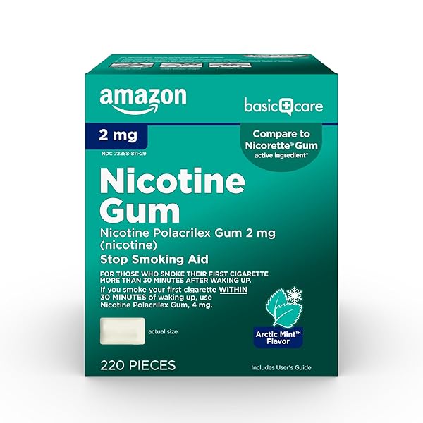 AMAZON BASIC CARE UNCOATED NICOTINE POLACRILEX GUM 2 MG (NICOTINE), MINT FLAVORED, STOP SMOKING AID, 220 COUNT (PACKAGING MAY VARY)