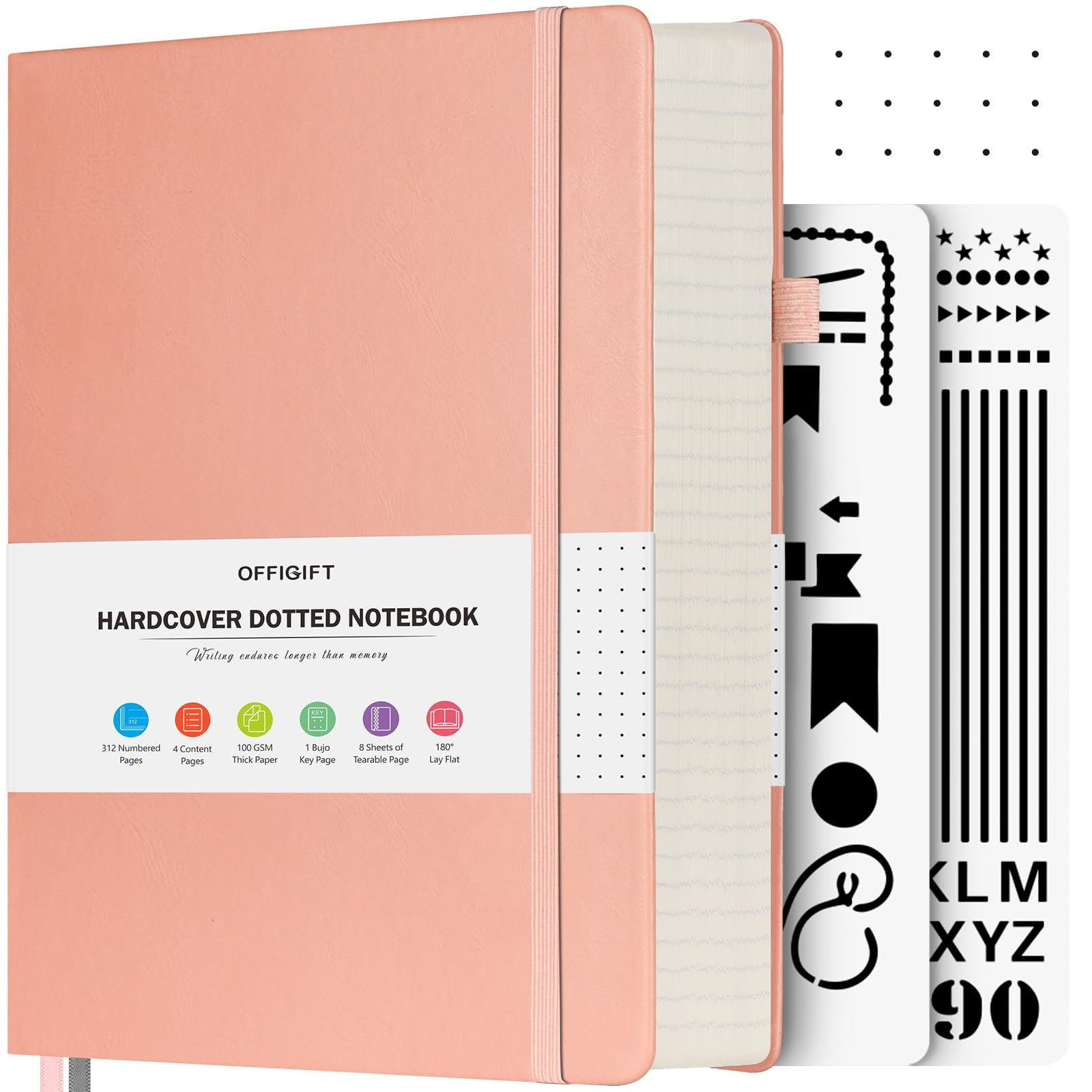 OFFIGIFT Dotted Notebook A5, 312 Numbered Pages Hardback Leather Notebook, 100gsm No Bleed Paper Dot Grid Notebook with Index Pages, Dotted Journal for Bullet Journaling, 14.5 x 21.5cm, Pink