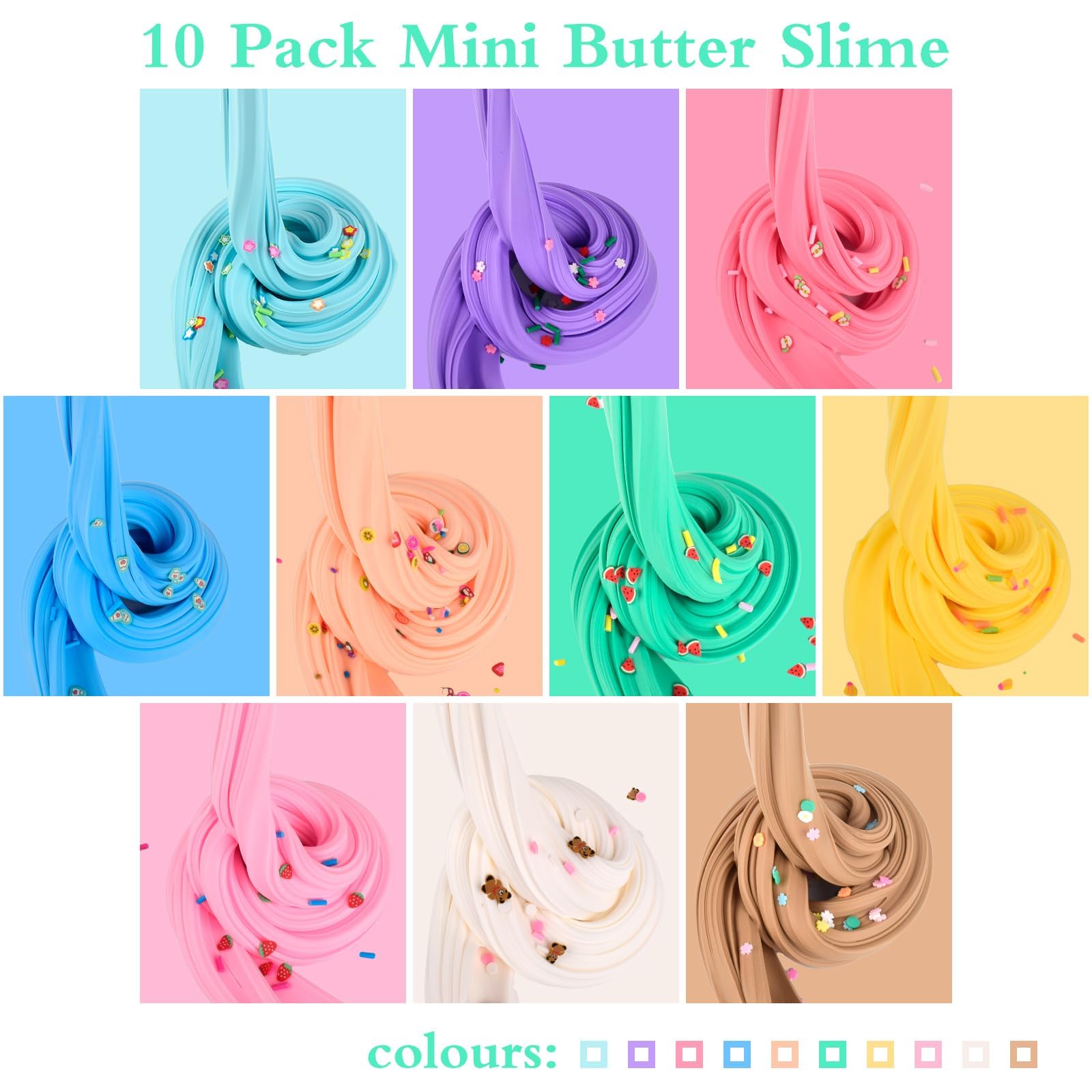 Premium Scented Butter Slime,10 Pack Slime,with Peach Charm,Watermelons,Apples and More Charms,10 Fun Add Ins,Pre-Made Slime for Kids,Great 6 Year Old Toys,Super Soft Sludge Toy.Super Mini