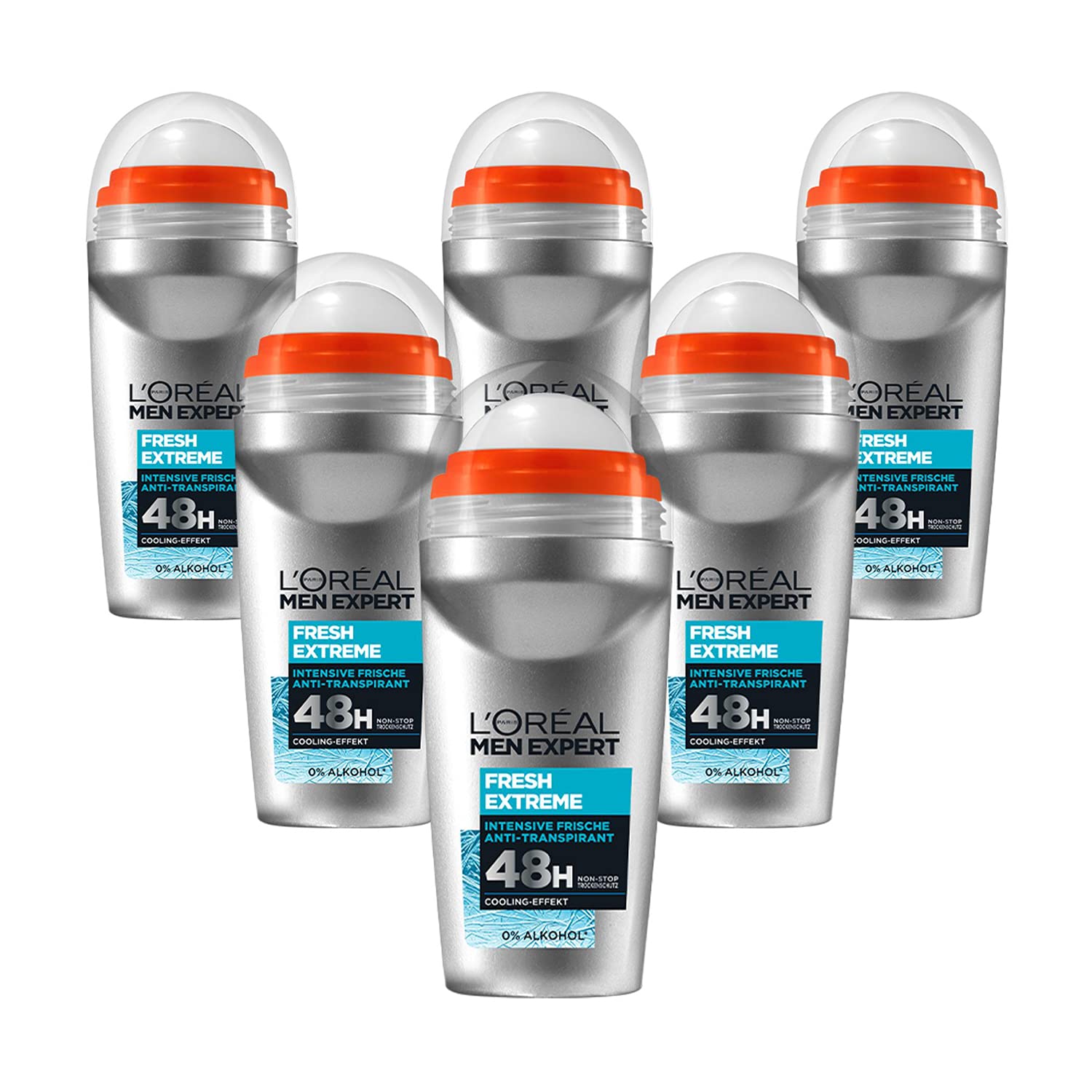 L'Oréal Men Expert Kühlendes Deo für Männer, Intensiver Deoroller gegen Geruchsentwicklung für 72 Stunden, Ultra Cooling Effekt, Fresh Extreme, 6 x 50 ml