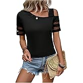 SOLY HUX Women's Summer Mesh T Shirt Cold Shoulder Asymmetrical Neck Short Sleeve Casual Tee Tops