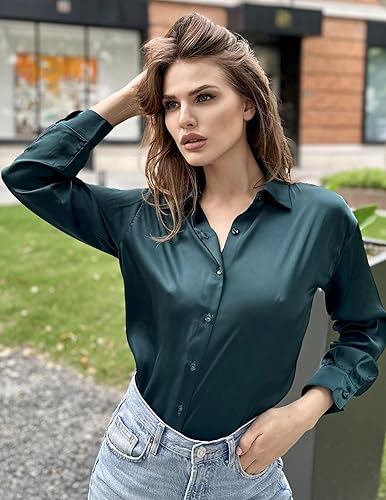 Chigant Women's Blouse Satin Silk Shirts Button Down Shirts Casual