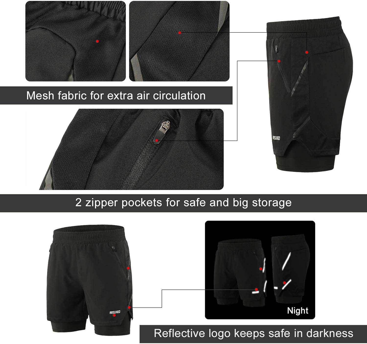 ARSUXEO Men's 2 in 1 Active Running Shorts with 2 Zipper Pockets B191: Clothing