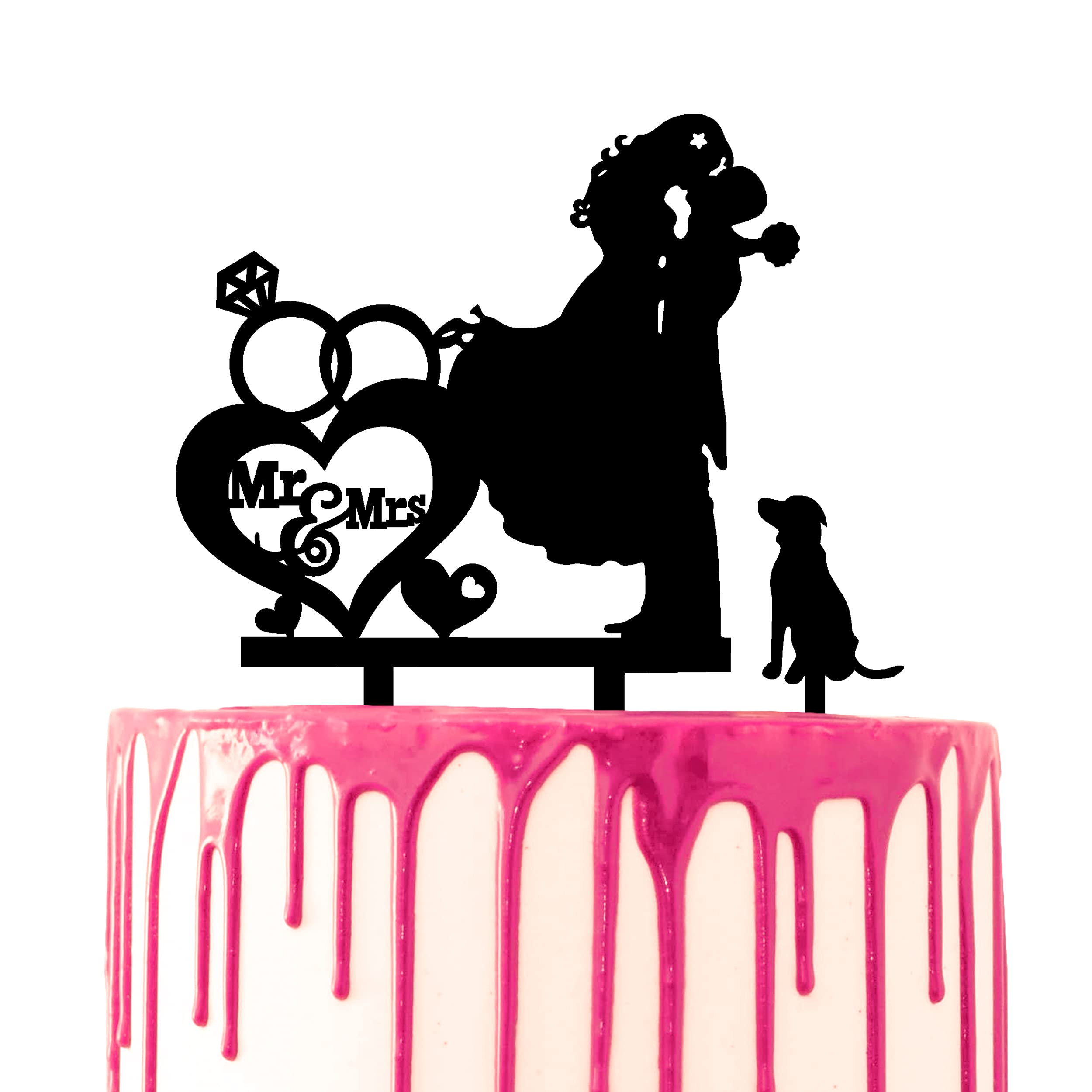 CARISPIBET wedding cake topper groom picks up bride and kisses her Mr & Mrs script by the side pet dog as optional piece