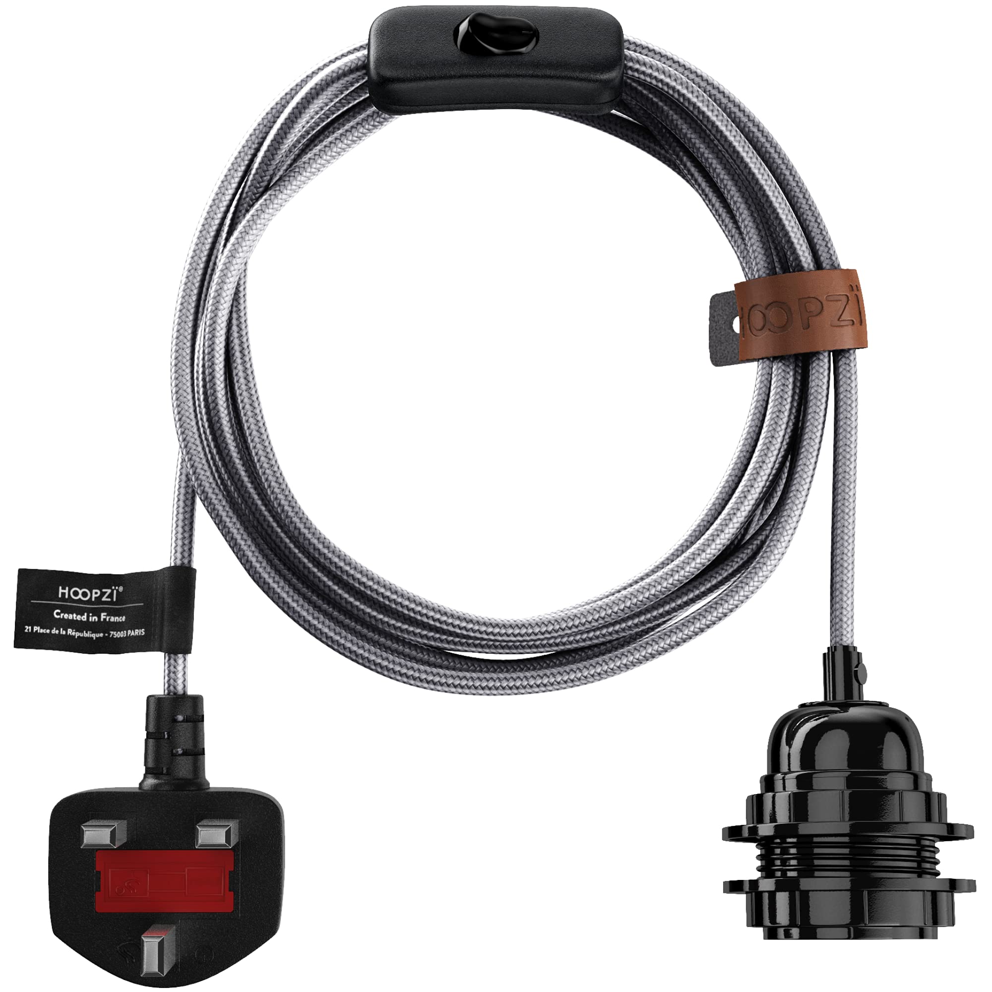 Hoopzi - Plug in Pendant Light to Light Up Your Home - 4.5M Fabric Electrical Cable - E27 Bulb Holder with Switch - Create Your Own Pendant Light, Portable Lamp, Hanging Lamp - BalaMetal
