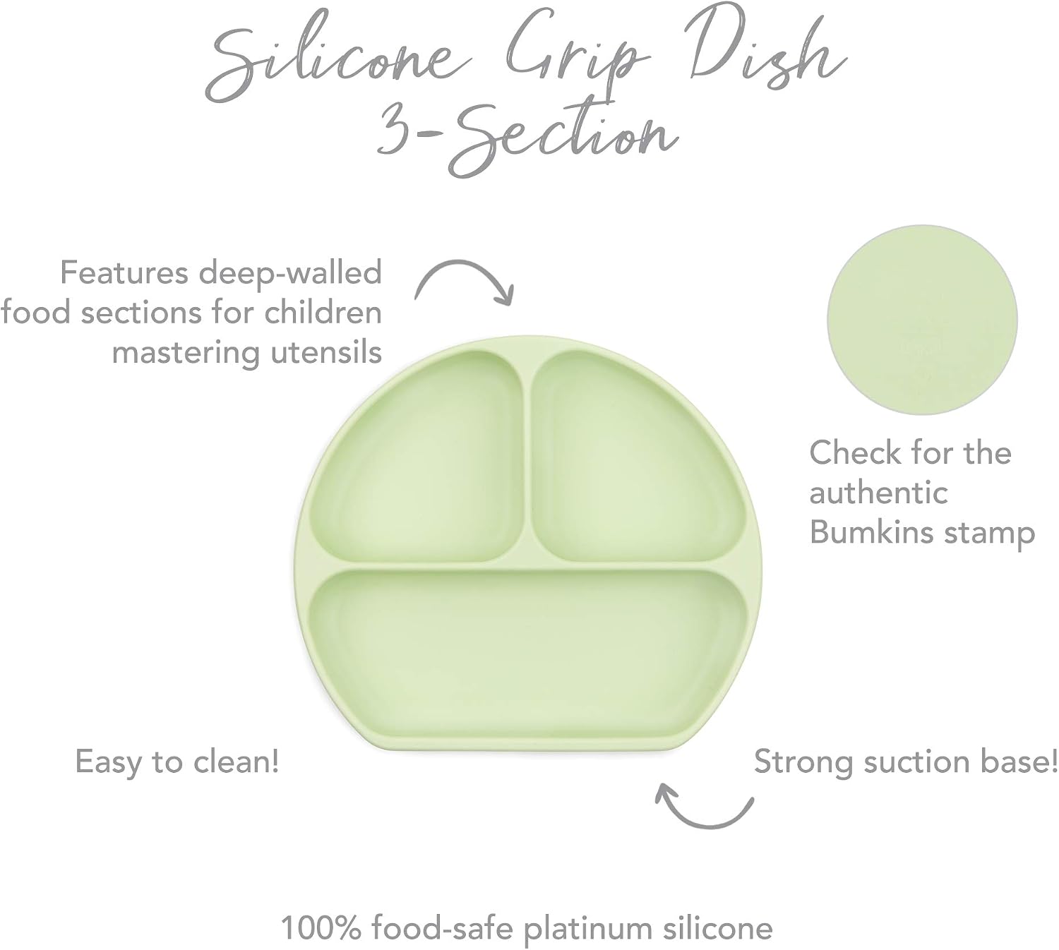 Bumkins Silicone Grip Dish, Suction Plate, Divided Plate, Baby Toddler Plate, BPA Free, Microwave Dishwasher Safe - Sage Green - Image 5