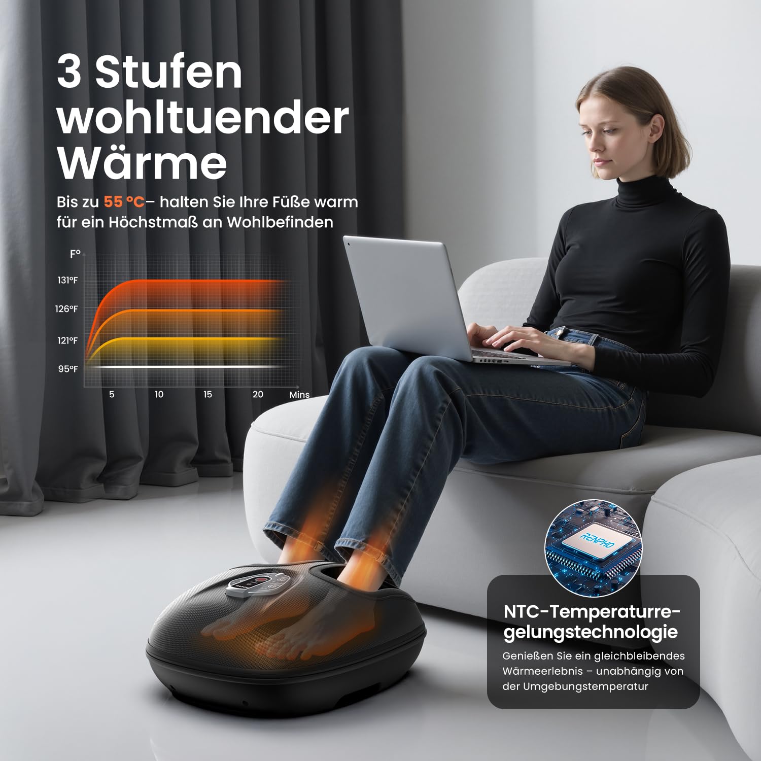 RENPHO Tragbar Fußmassagegerät mit Wärme [2026 Aktualisiert], Fussmassagegerät Elektrisch Testsieger, 3D Kneten, Rollen und Luftkompression, 3 Intensität,Geschenke für Frauen Männer, Schwarz 4
