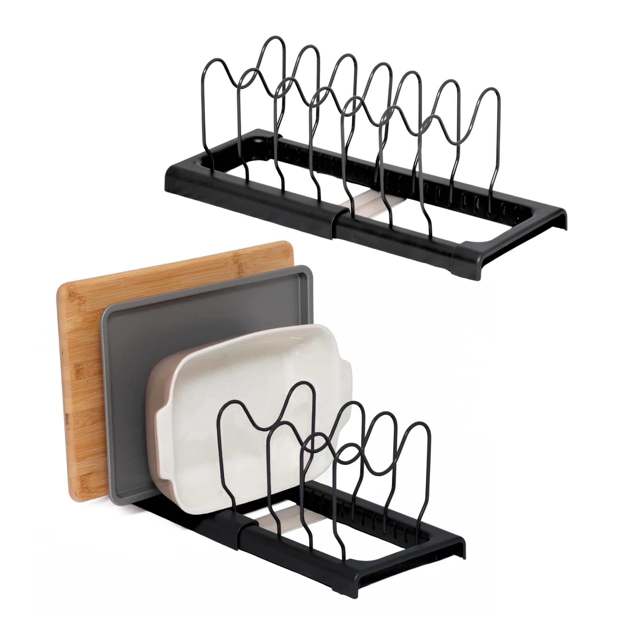 simplywire – Expandable Baking Tray and Chopping Board Rack – Pack of 2 - Pan Lid Storage - Kitchen Cupboard Organiser – Black