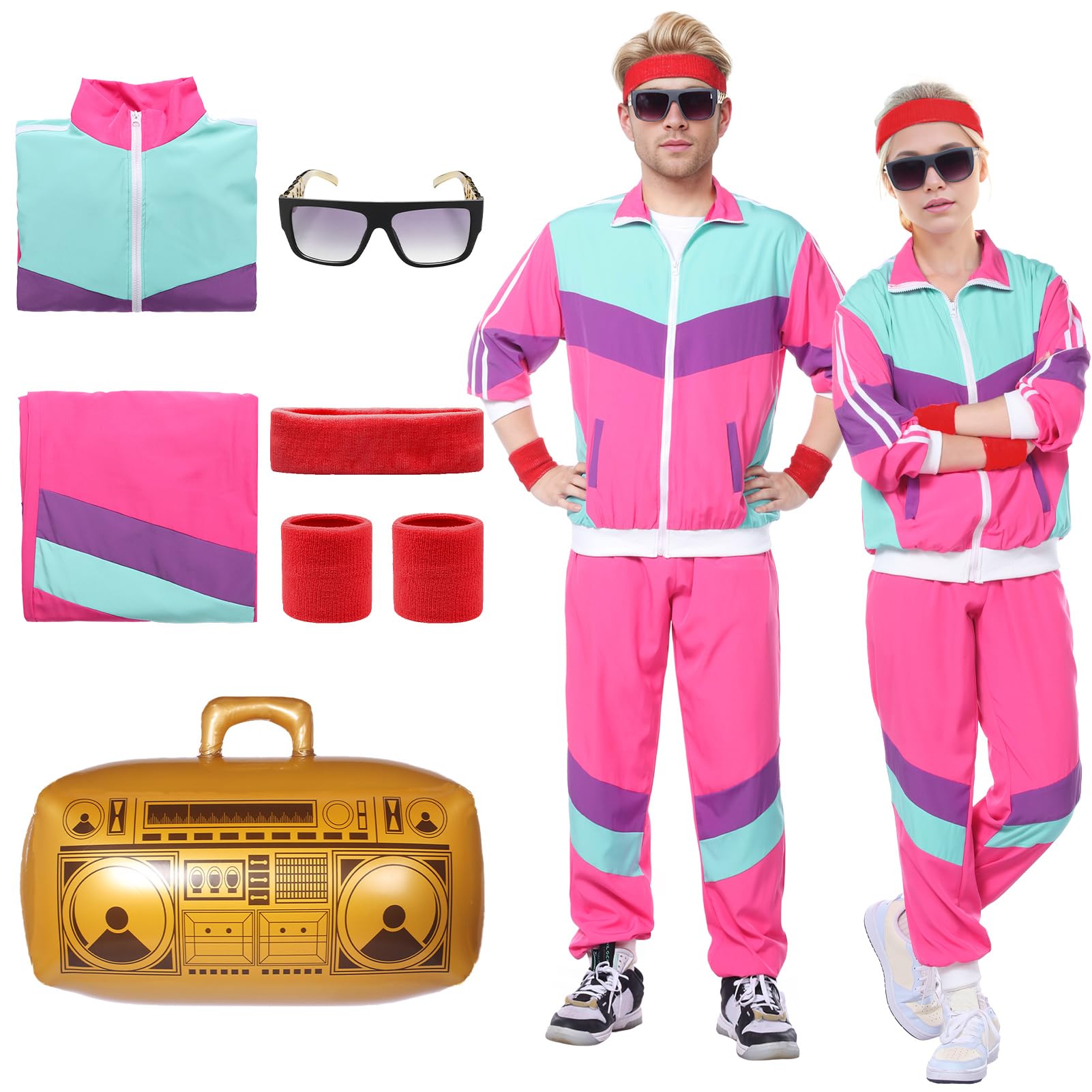 Metaparty 80s Fancy Dress Costume Unisex,80s Shell Suit Costume,90s Shell Suit Fancy Dress,Fashion Retro Tracksuit Outfit,90s Fancy Dress Costumes with Headband Wristbands Glasses (Pink, XL)