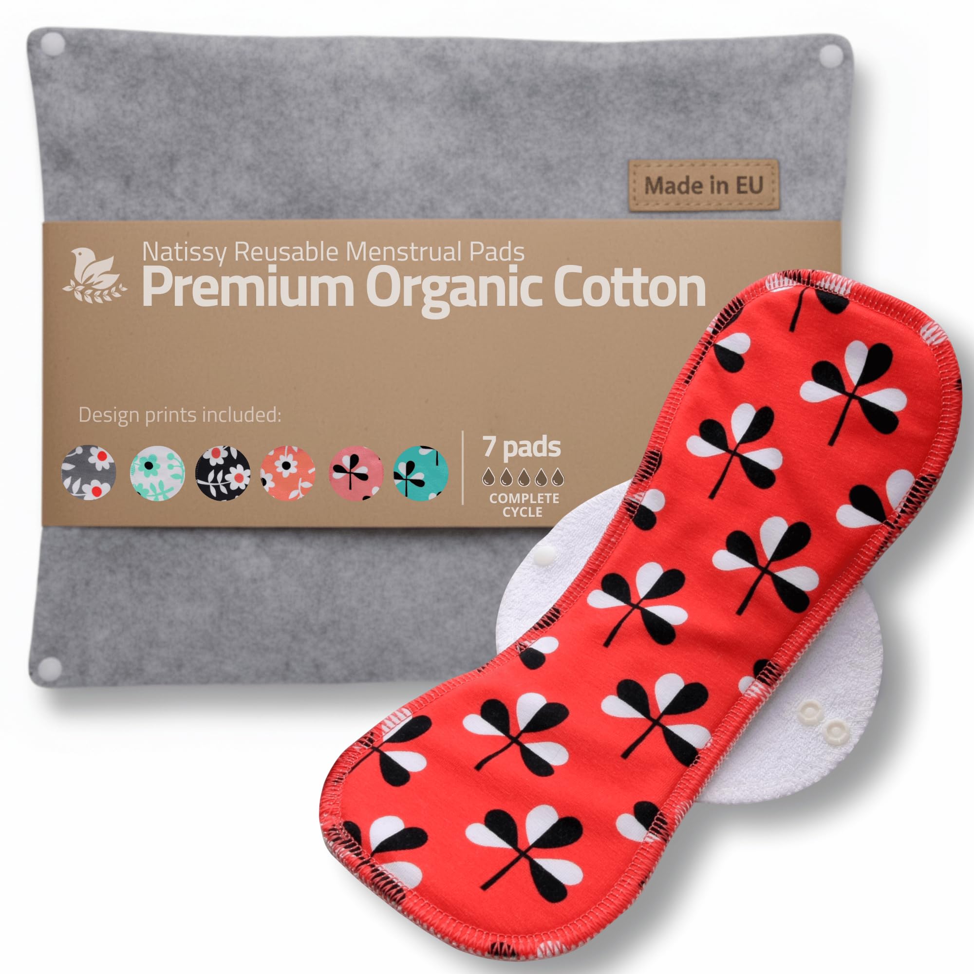 Made in EU – Reusable Sanitary Pads for Light to Heavy Flow - 7 Pack (S, M, L & XL) – High-Temp Washable Cloth Period Pads for Women – Ultra Soft Organic Cotton & Secure Fit for Menstrual Comfort