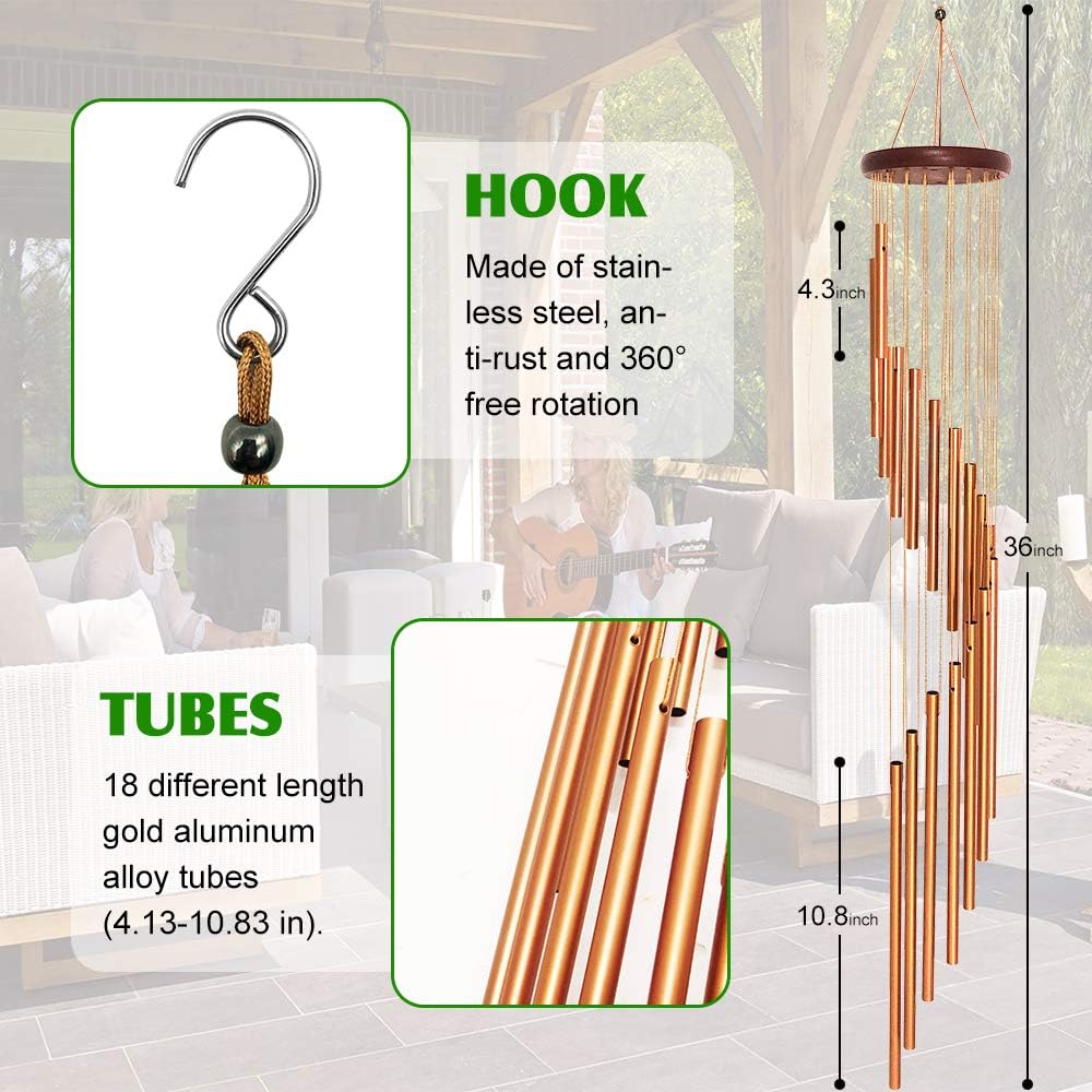 econoLED Wind Chimes, Large Wind Chimes, Amazing Garden Outdoor Handmade Chimes 36" with 18 Aluminum Alloy Musically Tubes & S Hooks for Garden, Patio, Porch or Backyard Xmas Decor : Garden & Outdoor