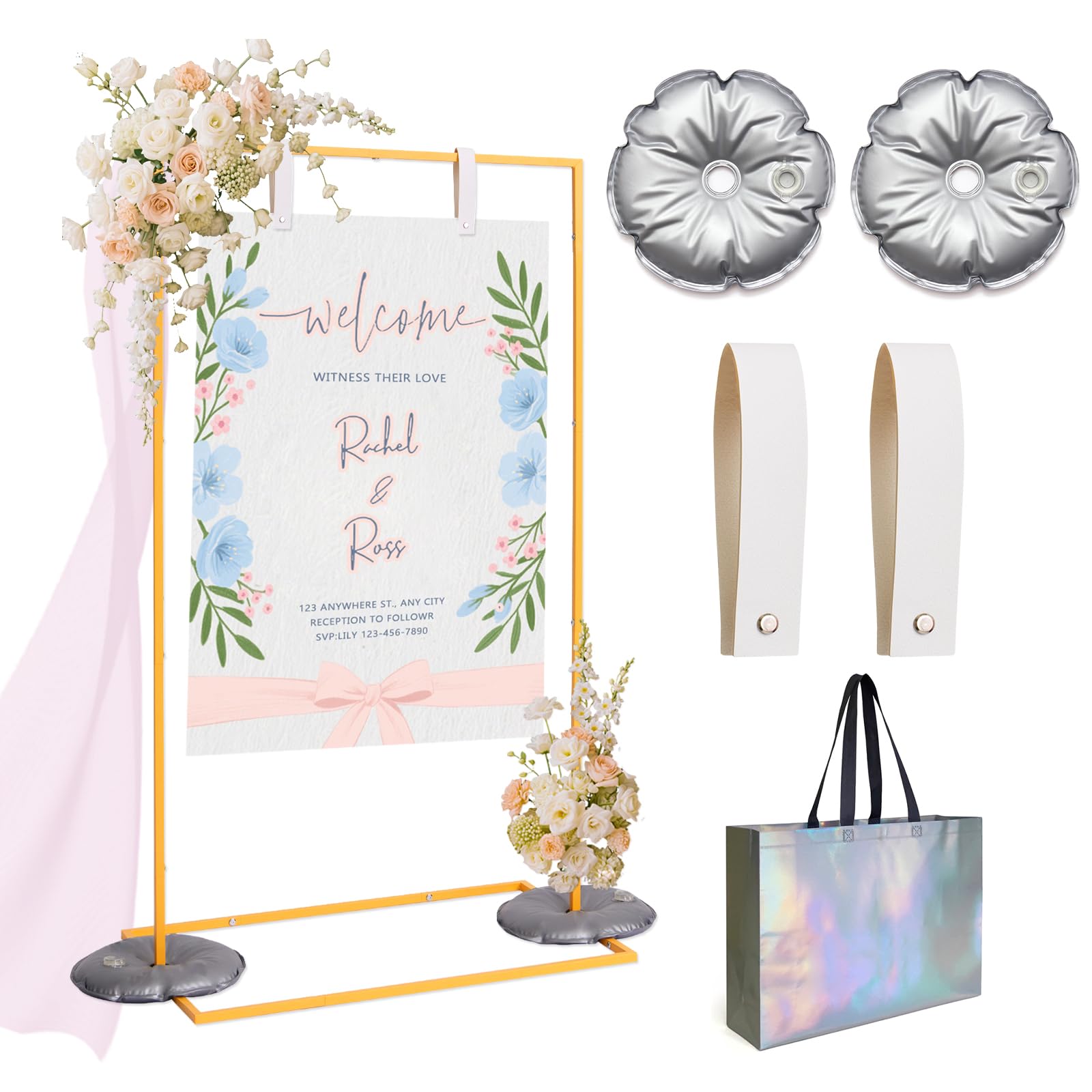 Photo 1 of Wedding Sign Holder?Adjustable welcome to our wedding sign stand with 2 Sign Hanging Straps ,Heavy Duty sign holder stand, welcome sign stand for party, wedding seating chart,Easel for Display (Gold)