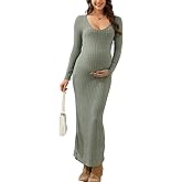 guruixu Maternity Sweater Dress Scoop Neck Ribbed Knit Long Sleeve Maxi Bodycon Pregnancy Dress for Baby Shower & Photoshoot