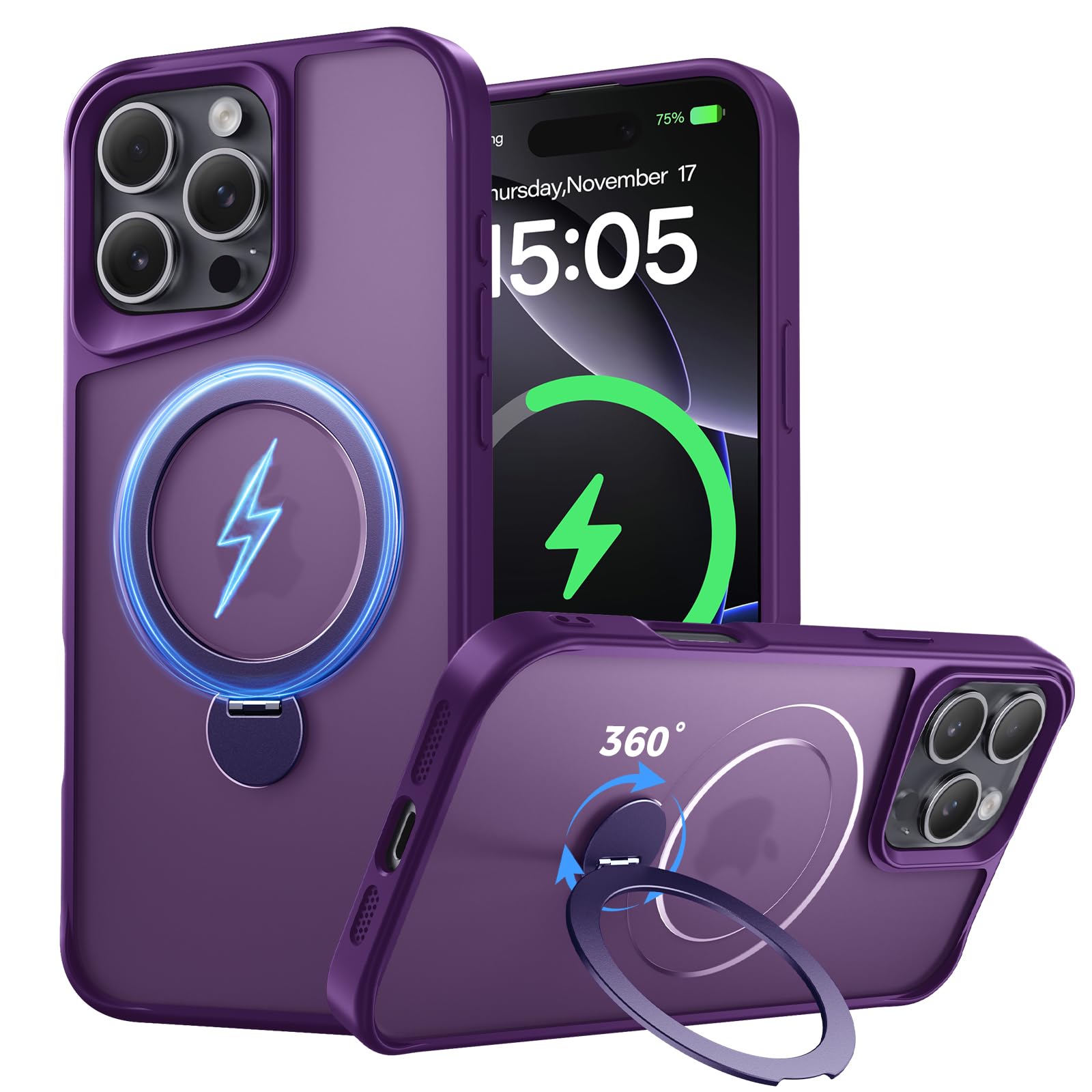 Xitufine Designed for iPhone 16 Pro Case, with 360° Magnetic Stand [Compatible with MagSafe] [Military Drop Protection] Shockproof Translucent Matte Case for 16 Pro 6.3 Inch, Purple