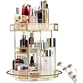 ZOOFOX 360 Degree Rotating Glass Makeup Organizer, Large Cosmetics Storage Display Holder with Gold Trim for Vanity, Clear Makeup Carousel for Perfume, Cosmetics, Brushes, Lotion, Lipsticks