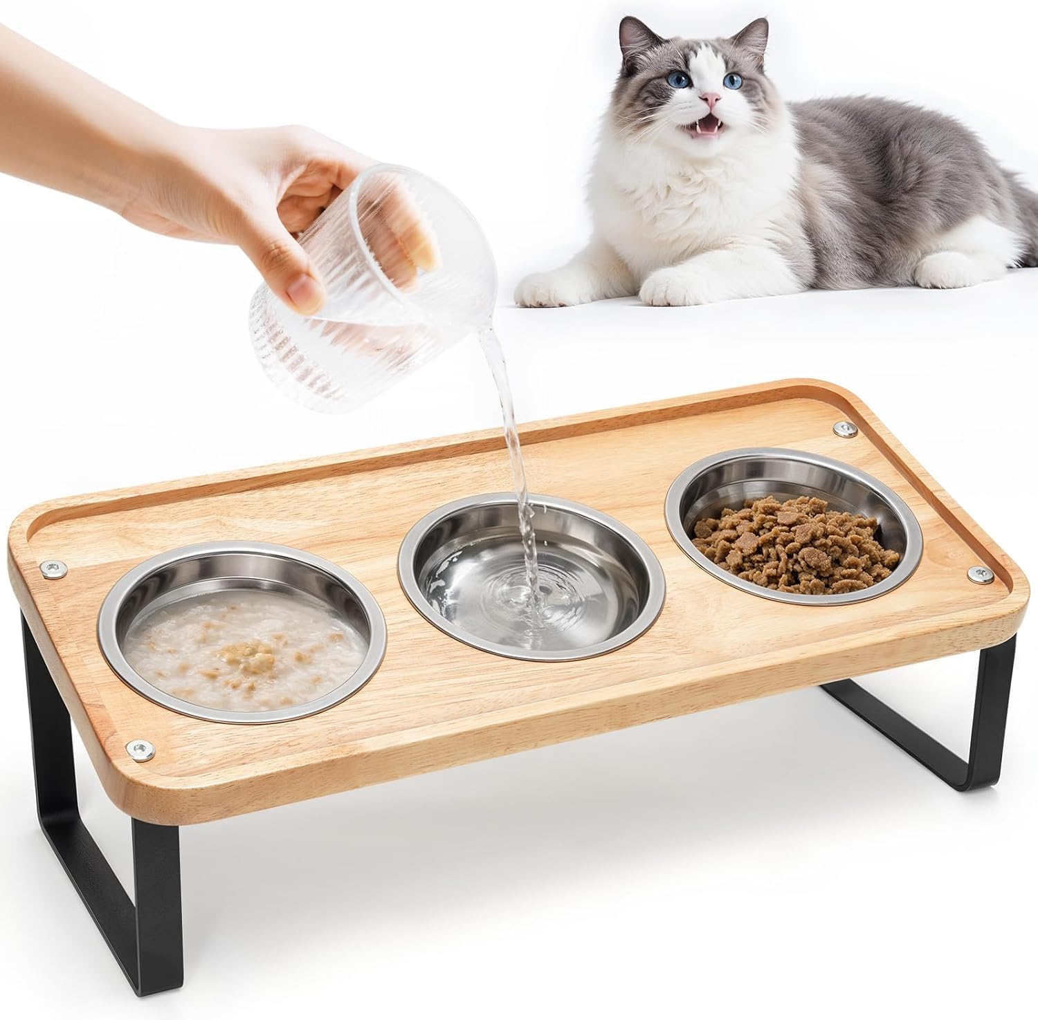Photo 1 of CozyLazy Elevated 3-Bowl Cat Feeding Station – 15° Tilted Wood Stand with 304 Stainless Steel Bowls, Anti-Spill Design, Easy to Clean, Ideal for Water, Dry & Wet Food