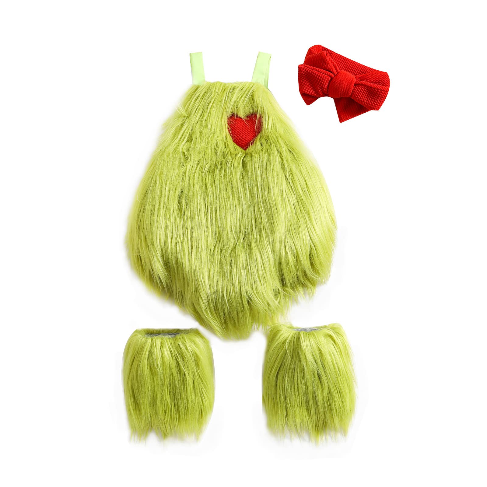 Photo 1 of Qiylii Christmas Baby Costumes Green Monster Baby Girls Sleeveless Plush Fur Romper Onesie Headband + Leg Warmer Set