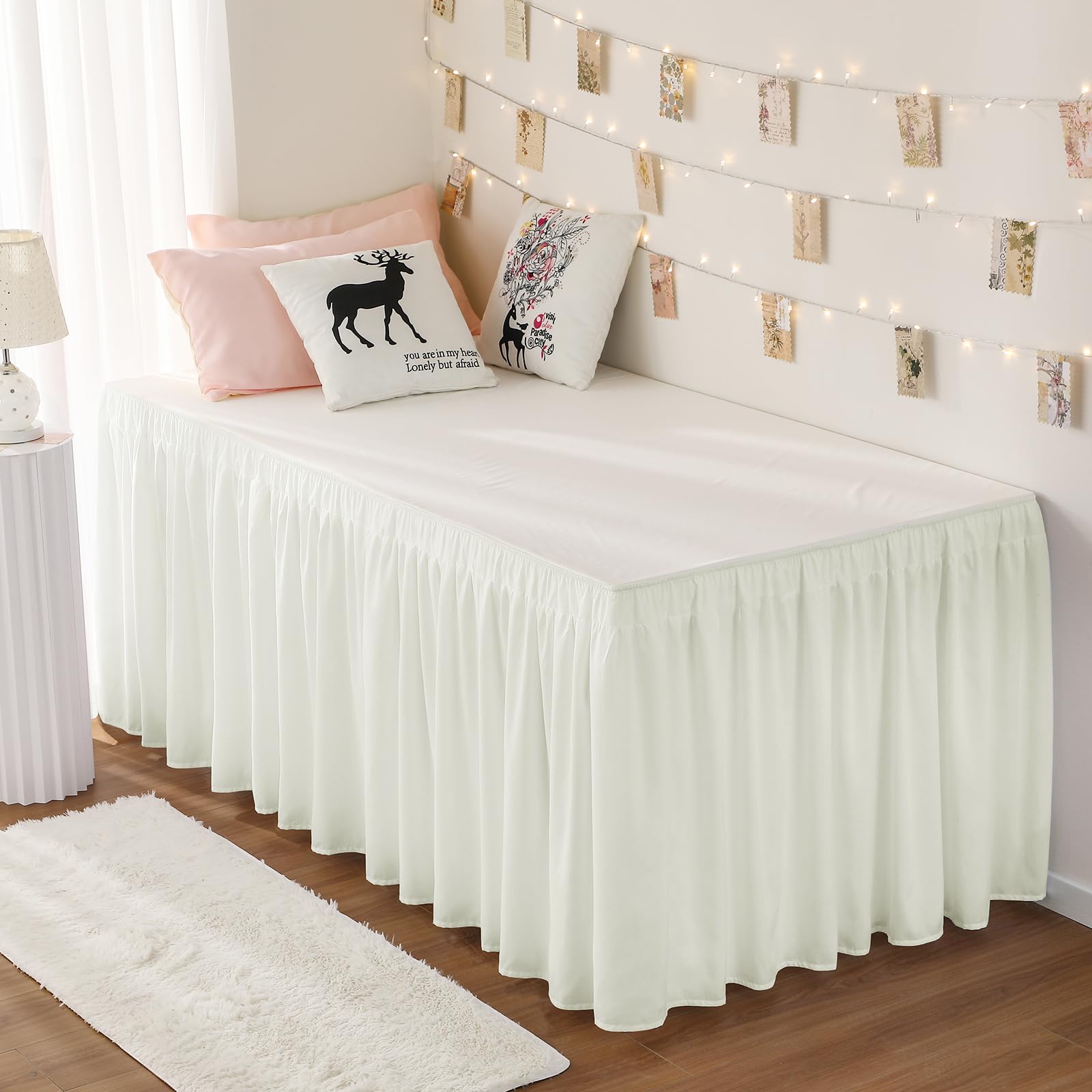 Photo 1 of RIMELA Dorm Bed Skirt Twin XL 32 Inch Drop, Easy to Install Extra Long Wrap Around Elastic Dust Ruffle, Ivory Bedskirt Solid Silky Fabric Machine Washable (Twin XL 80“L x 39”W & Twin 75“L x 39”W)