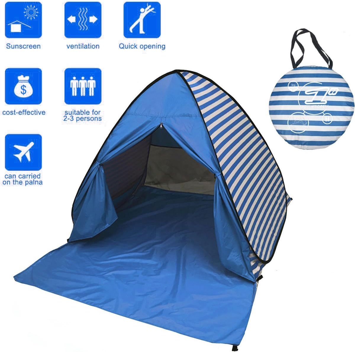 Pop-up Beach Tent Portable 2-3 Person Automatic Instant Beach Tent Waterproof Anti-UV Sun Shelter Protection Beach Shade Camping Tent for Outdoor Activities