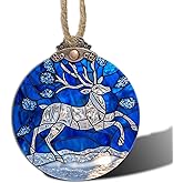 AMDERVEN Stained Glass Christmas Decorations, White Elk Suncatcher for Window Christmas Tree Hanging Ornaments Deer Snow Scene Blue Sun Catcher Xmas Decor Gifts for Women Men Mom Nana Friend