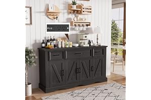 LEGACYAMERHOME 58" Large Wooden Buffet Cabinet with Storage, Modern Coffee Bar and Wine Bar, Wave Base Design, Multi-Purpose Buffet Table with Charging Station for Living Room,Dining Room or Kitchen,Black