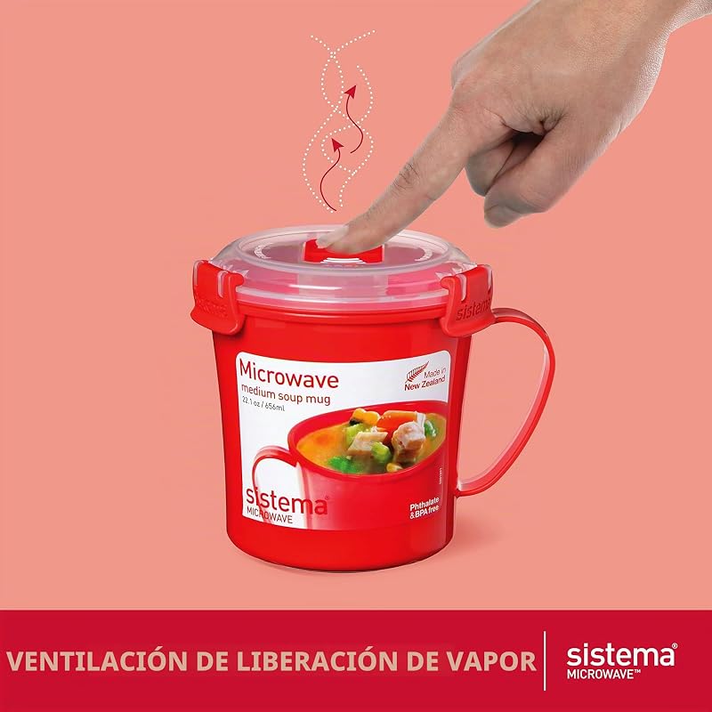 recipiente para sopa mediano para microondas | Recipiente para alimentos apto para microondas | 656 ml | Sin BPA | Rojo| 3 unidades