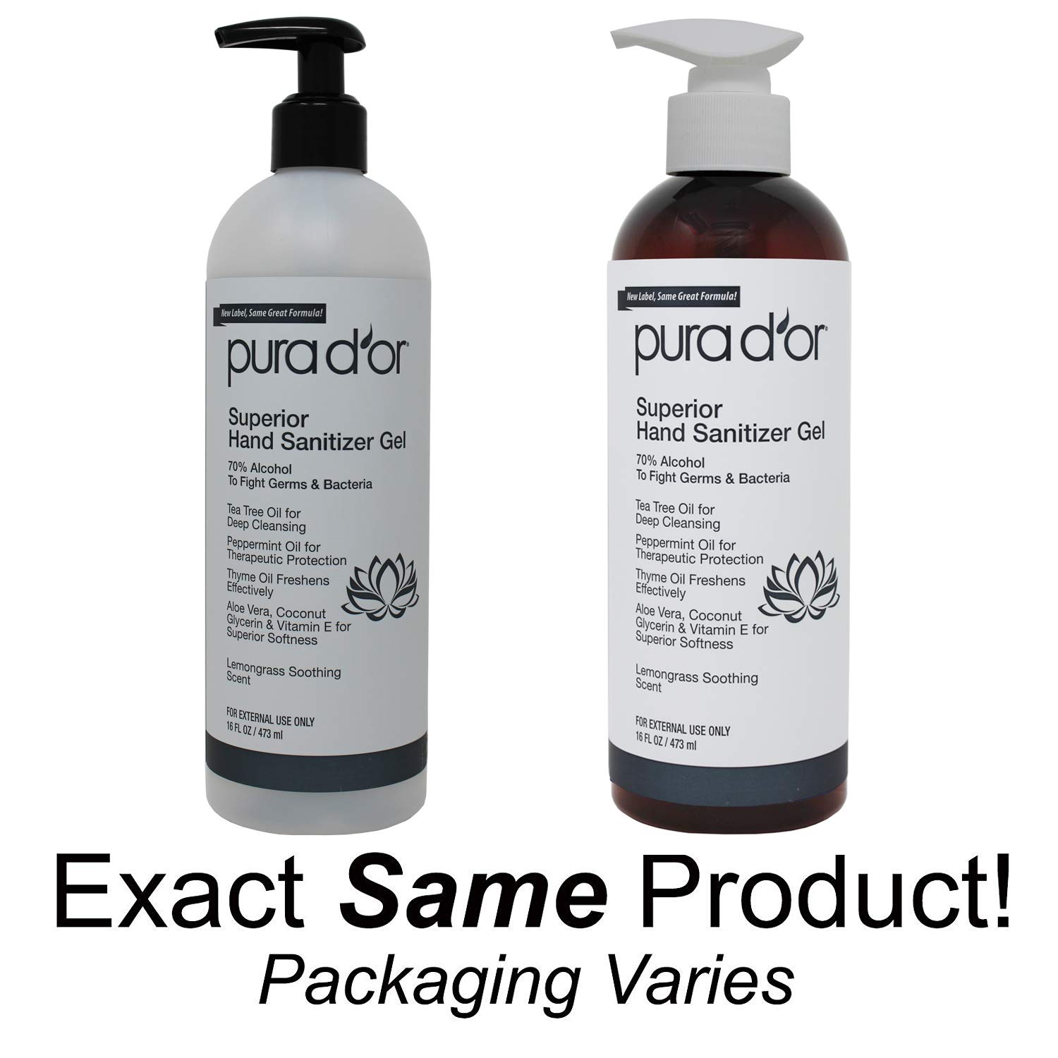 PURA D’OR Hand Sanitizer Gel LEMONGRASS Scent 2 PACK-16oz each = 32oz Total. 70% Alcohol Kills 99% Germs w/Aloe Vera, Tea Tree: Waterless Deep Cleansing Moisturizing Soothing, Fights Germs & Bacteria: Beauty