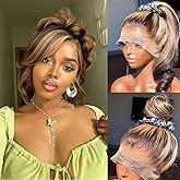 Brofiri 28 Inch Honey Blonde Wig Human Hair Highlight Ombre Body Wave 360 Lace Front Wigs Human Hair Pre Plucked Glueless Wigs for Women Drawstring Full Frontal Lace Wig 4/27 Colored 180% Density