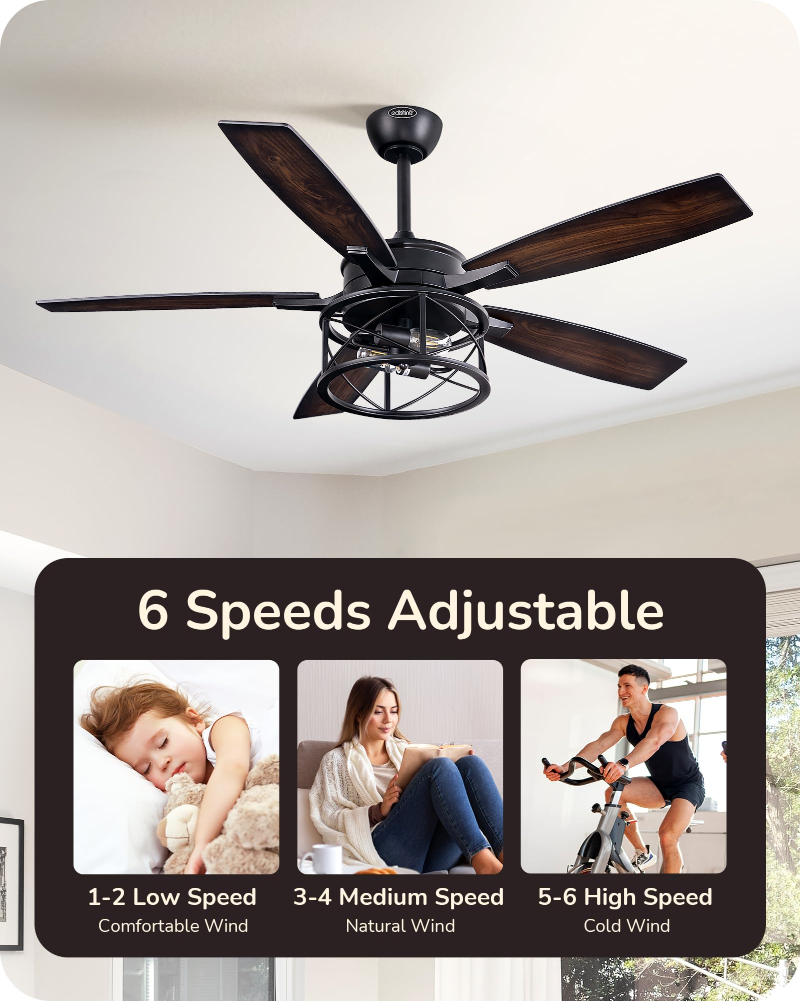EDISHINE 52 Inch Farmhouse Ceiling Fans with Lights, Remote Control, 5 Wooden Blades, Dimmable, Timer, 6 Speeds Reversible DC Motor, Rustic Lighting & Ceiling Fan for Bedroom Living Room, UL Listed