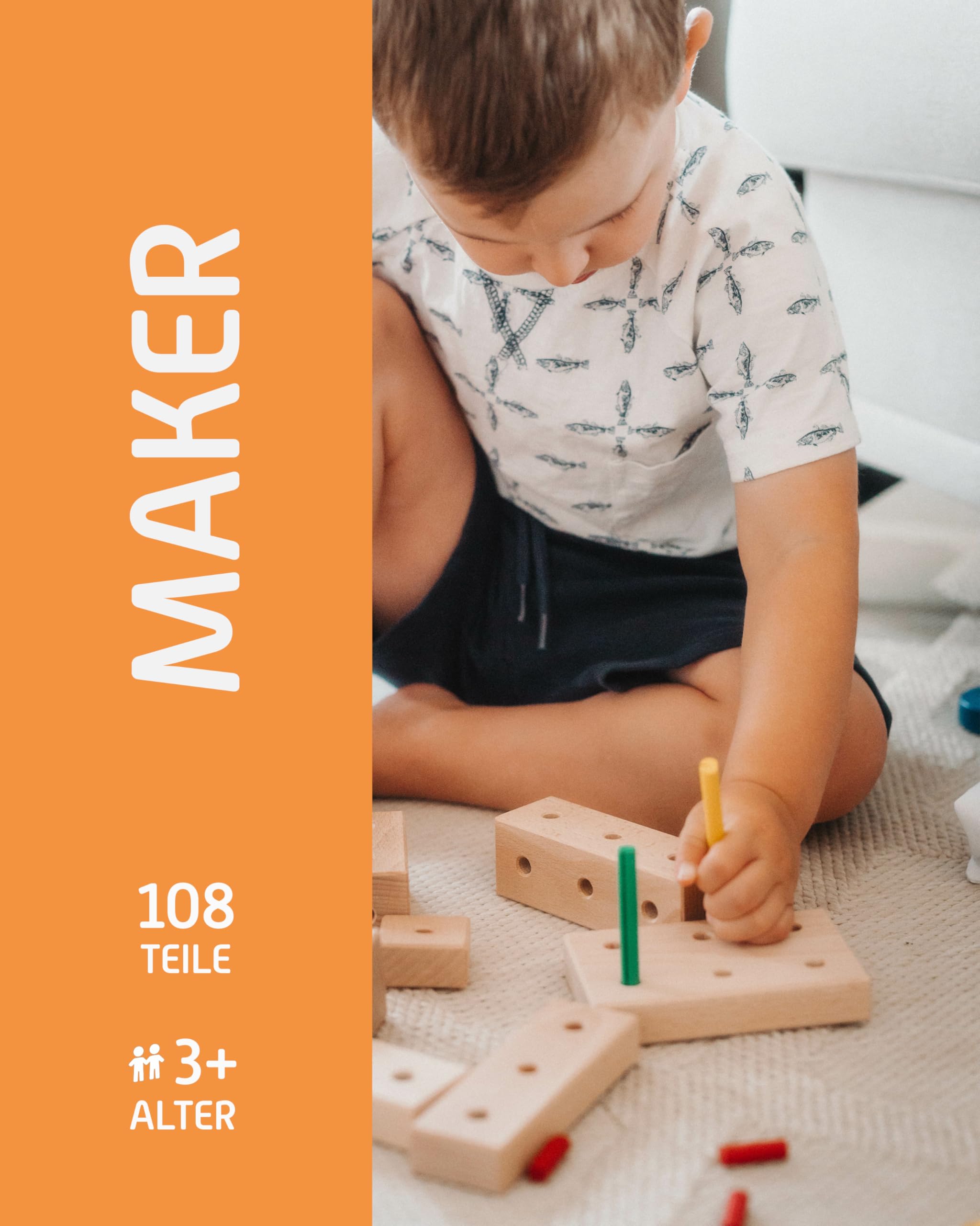 Matador Kinder Baukasten ab 3 Jahren 108-tlg. - Spannendes Holz Konstruktionsspielzeug zur Schulung von Kreativität und Feinmotorik, Bauspielzeug mit Stäbchen, Klötzen, Hammer & Zange 2