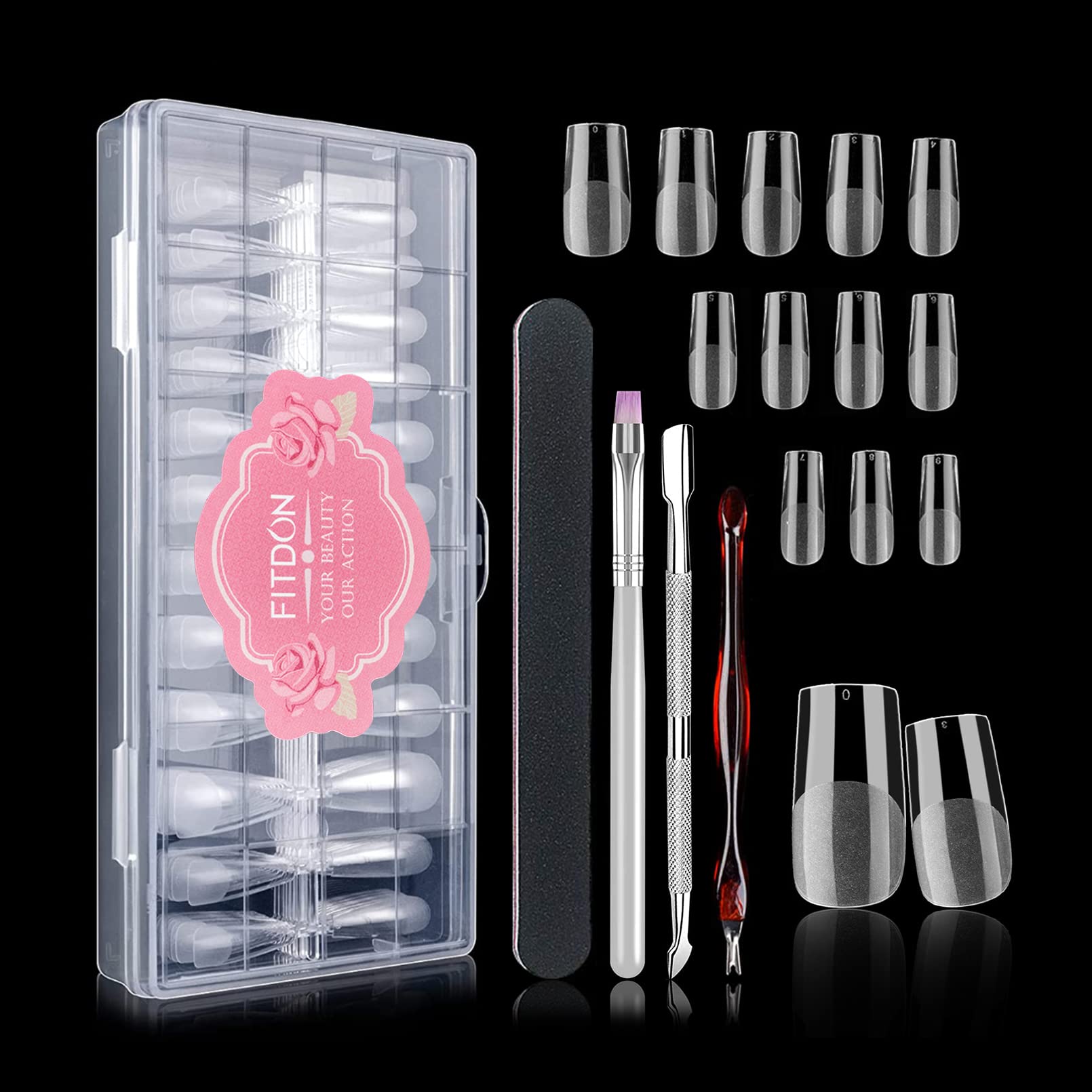 FITDON 240PCS Square Nail Tips, Clear Acrylic False Nail Tips Full Cover Artificial Fake Nails for Nail Salons and DIY Nail Art