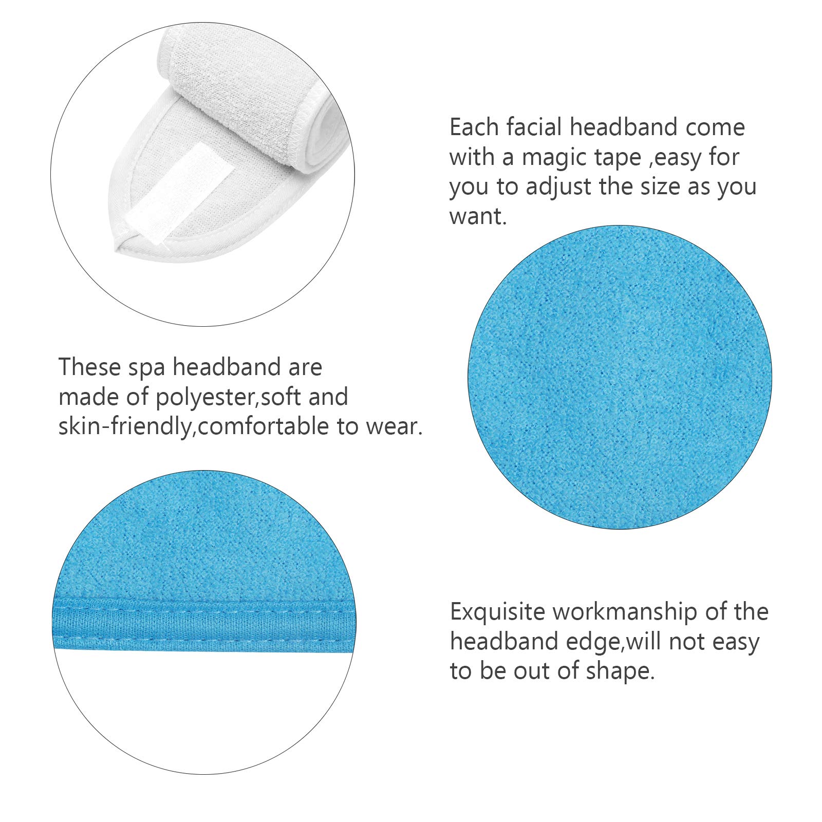 TAZEMAT 6 Pieces Spa Facial Headband Cosmetic Terry Cloth Hair Band Stretch Make Up Head Wraps With Magic Tape Face Washing Bath Adjustable Yoga Sports Soft Washable Women Girls