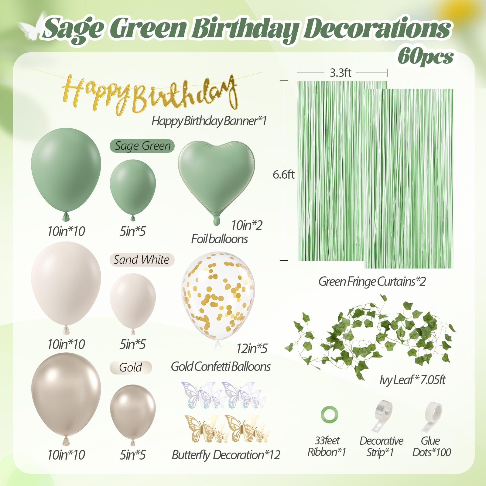 Sage Green Birthday Party Decorations with Happy Birthday Banner Green Fringe Curtain Butterfly Decorations Foil Balloons Happy Birthday Decorations for Women