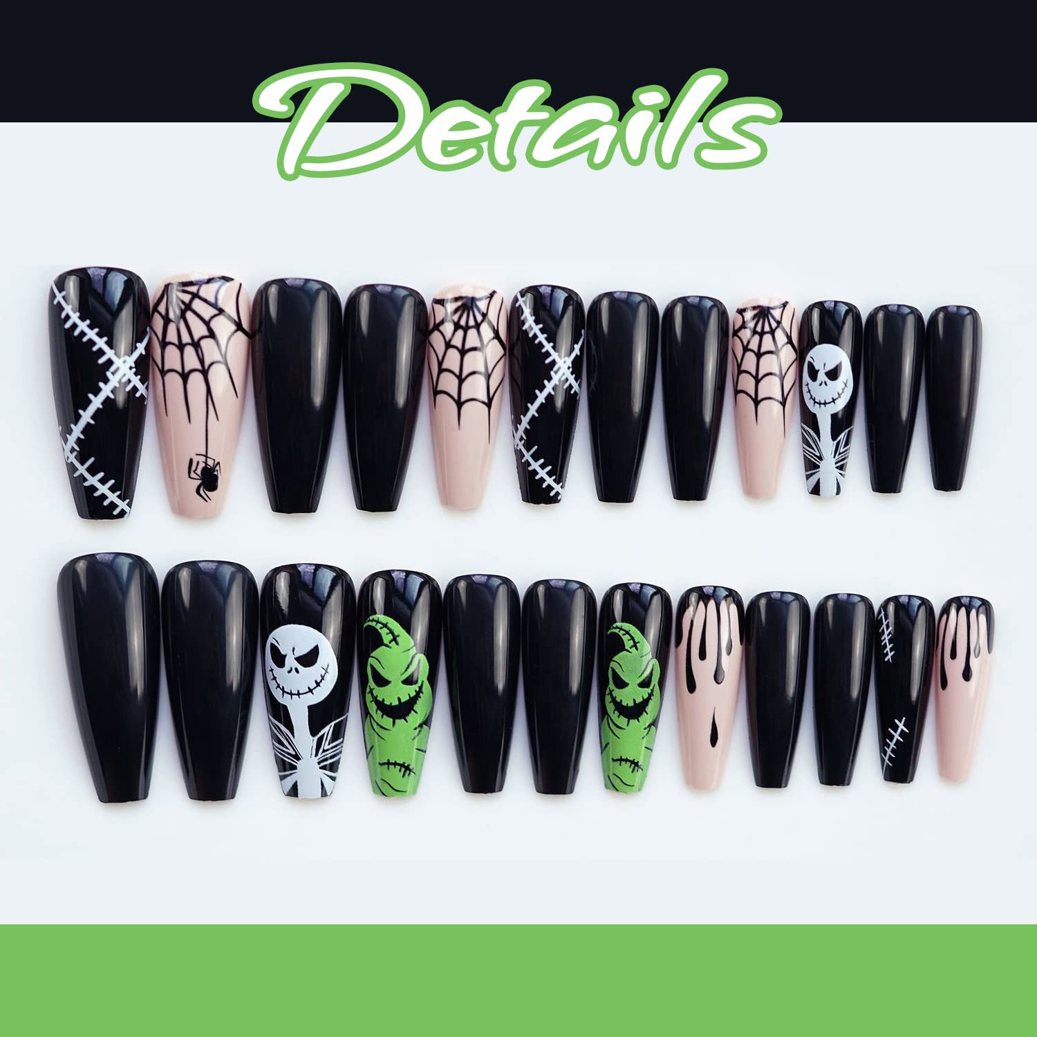 Halloween Press on Nails Long Coffin Spider Web Full Cover Fake Nails Nightmare Before Christmas Press on Nails Black Blood Stick on Nails Acrylic Nails for Women Men Girls - Image 3