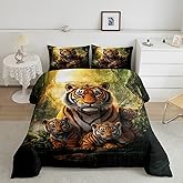 Castle Fairy Jungle Tiger Family Comforter Full,Animal King Wildlife Tropical Plants Quilt Comforter with 2 Pillowcases,Safari Animal Yellow Black Stripes Bedding Set Comfortable,Soft and Breathable