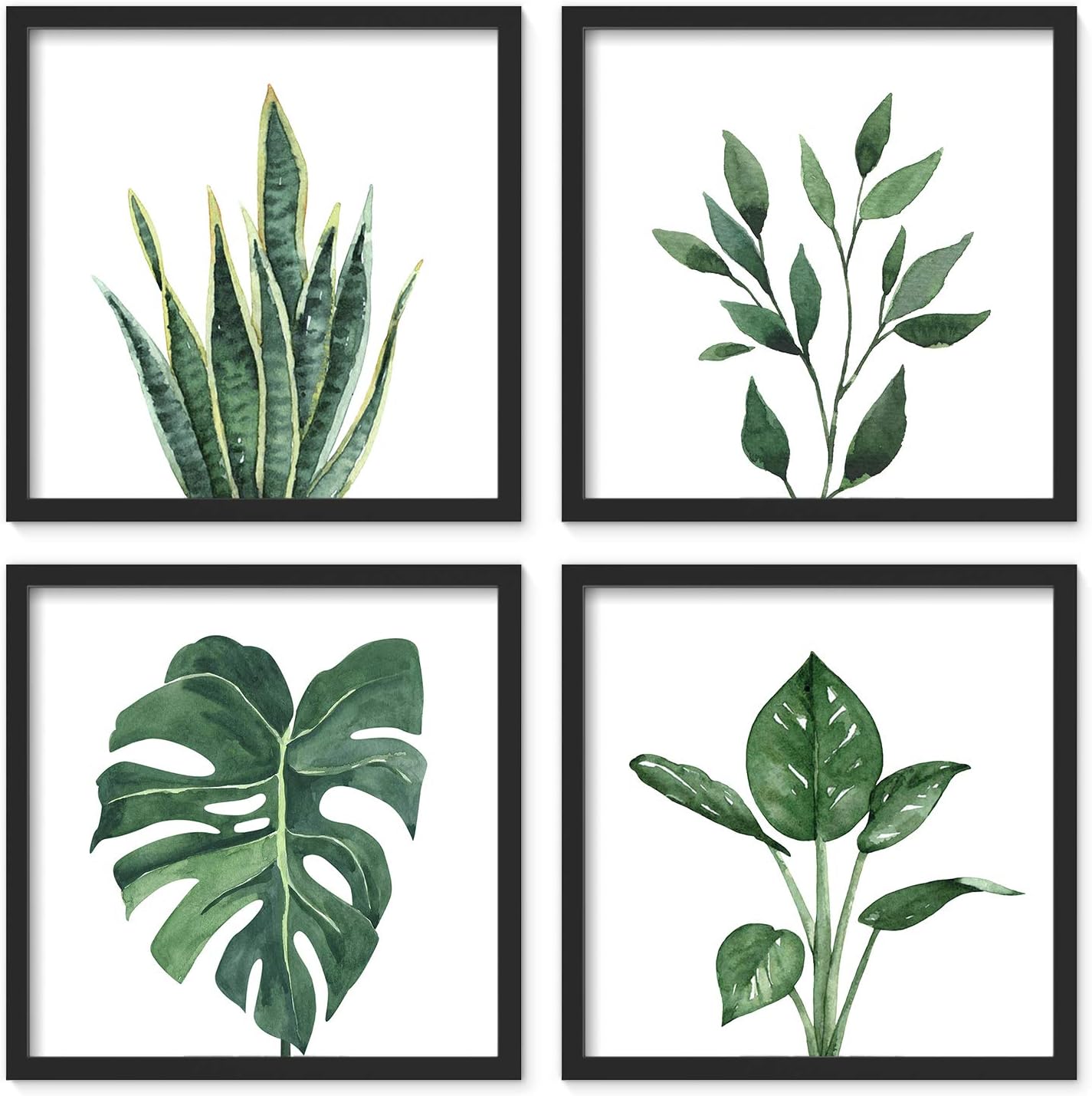 Wall Décor - ArtbyHannah 10x10 Inch 4 Panels Botanical Framed Black Picture Frame Set for Wall Art Décor with Green Leaf Tropical Plant Square Frame for Bathroom Decoration