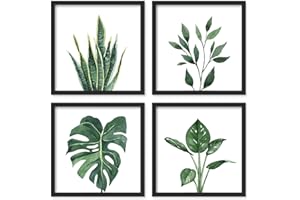 ArtbyHannah Bathroom Wall Art Set of 4 Botanical Wall Decor Green Plant Picture Frame Prints for Home Bedroom Restroom Decoration (Black, 10x10)