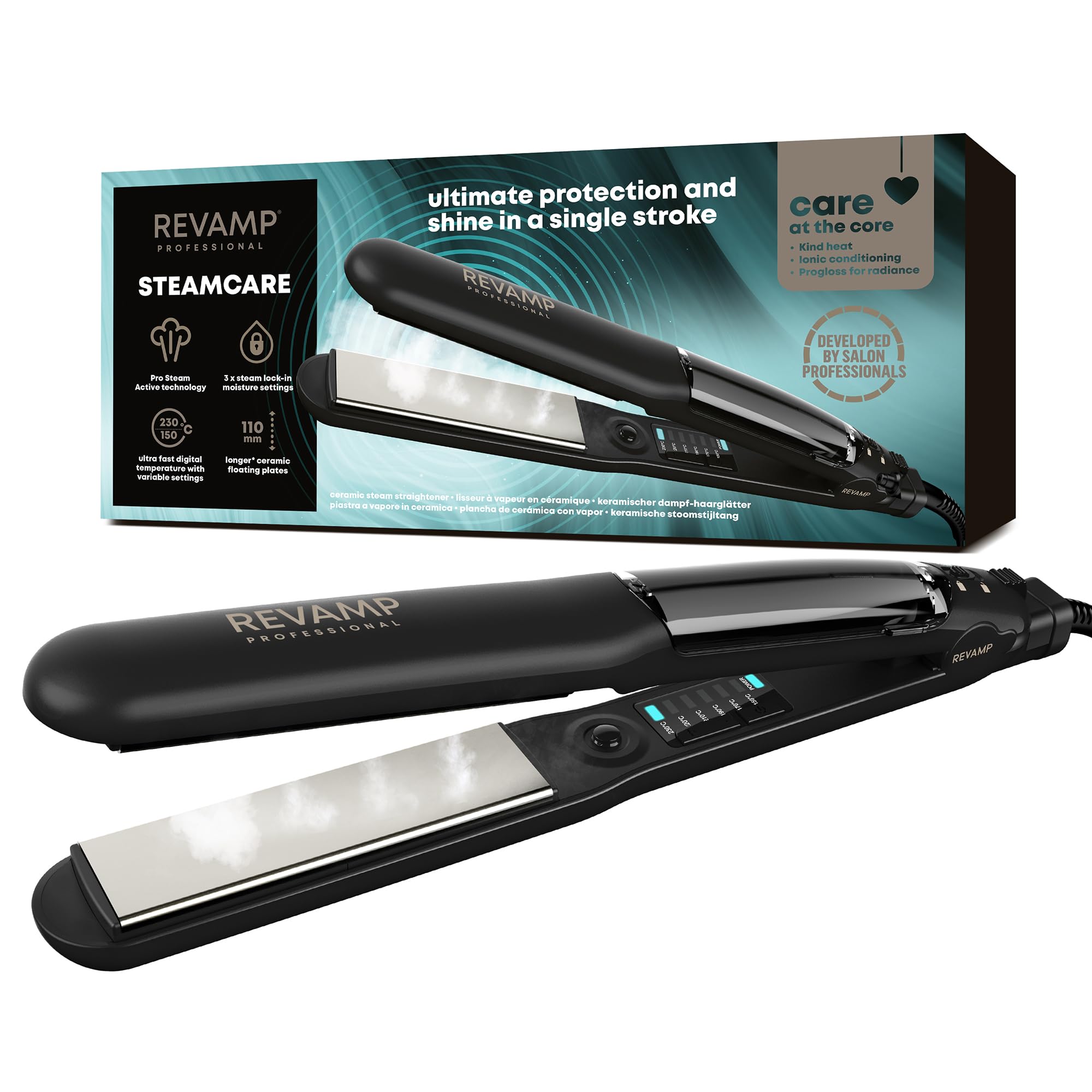 REVAMP Steam Care Ceramic Hair Straighteners - Steam Straighteners, Ceramic Ionic Plates for Versatile Frizz Free Styling, Straightening, Ultra Fast Heat, Salon Professional Hair Straightener