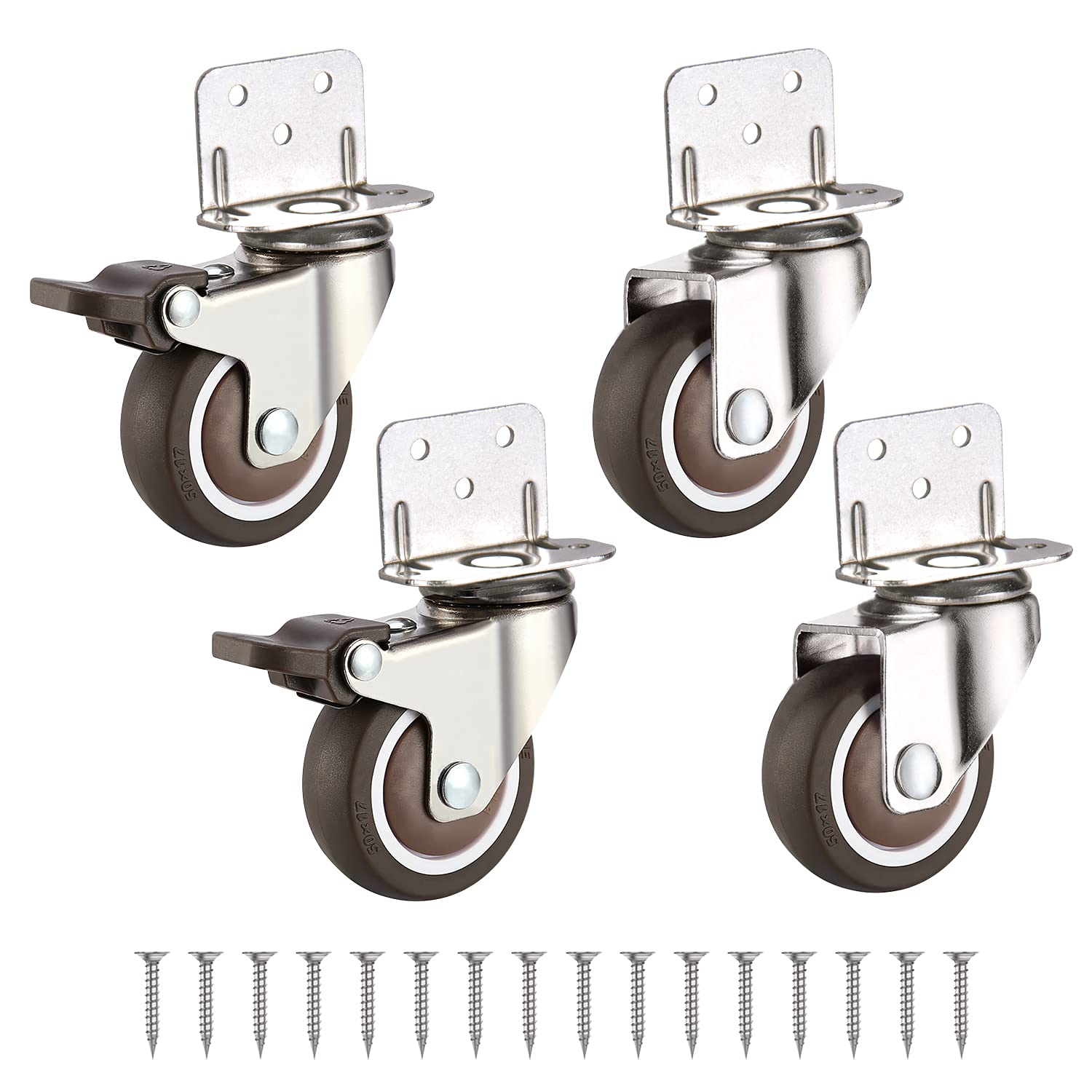 Castor Wheels Heavy Duty small Swivel Trolley Furniture Caster, Wheel diameter: 25mm, Loadable weight (single): 13KG, L-Clip Side Mount Plate, 2 with brakes + 2 without brakes, grey