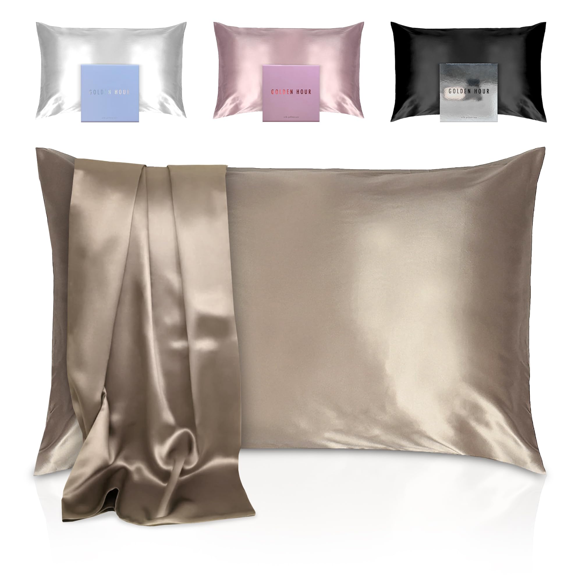 100% Pure Mulberry Silk Pillowcase - Highest Grade 6A - 22 Momme Silk Both Sides - Real Silk Pillowcase for Hair and Skin - Acne Free Pure Silk Pillow Case Queen Size - Luxury Gift Box (Beige Gold)